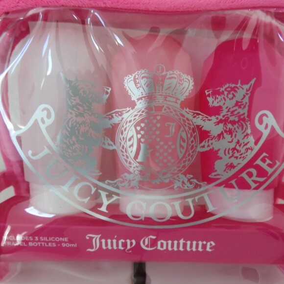 (#116) Juicy Couture Pink Silicone 3 Travel Bottle and Cosmetic bag Set - Picture 3 of 5